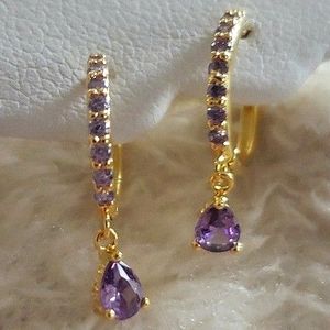 18KT GOLD/925 STERLING SILVER AMETHYST CRYSTAL DIAMOND CZ DANGLE HUGGIE HOOP☆NEW